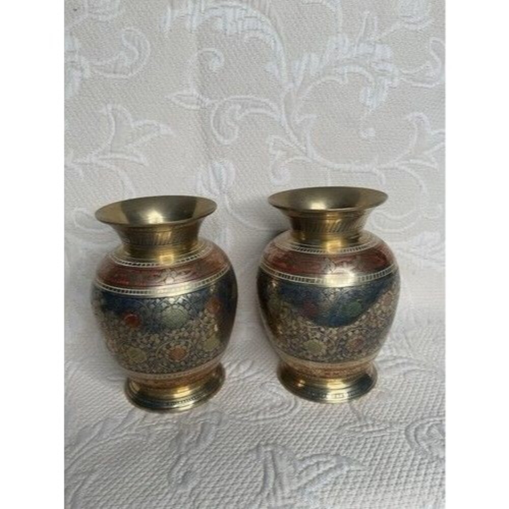 VTG Hand Engraving MultiFloral Set of 2 Mini Etched Brass Bud Vases 5” Tall Gold - Picture 14 of 14